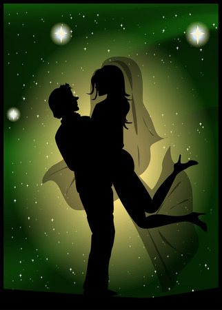 Silhouette of bride and groom on the background of the beautiful starry sky のイラスト素材