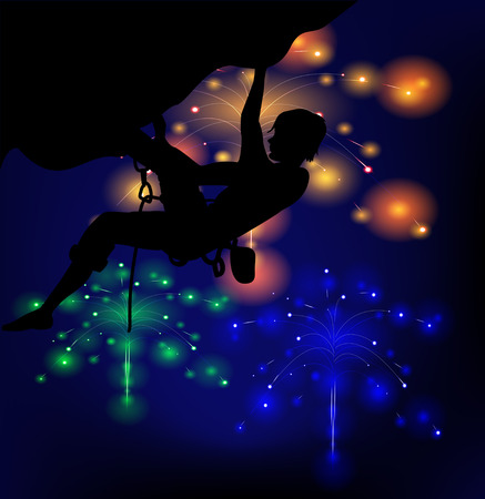 Silhouette of a climber on a background of lights fireworksのイラスト素材