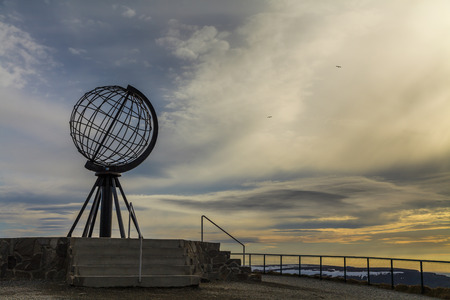 Globe monument at Nordkapp, the northern point of Europe,の写真素材