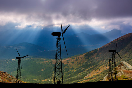 Windmills on the background of mountain sceneryの写真素材