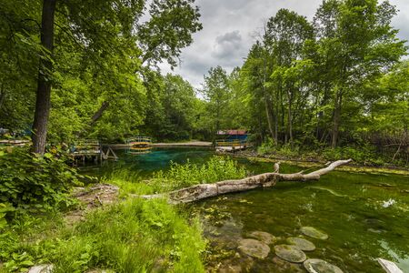 Beautiful views of the blue lake with wooden bridge.の写真素材