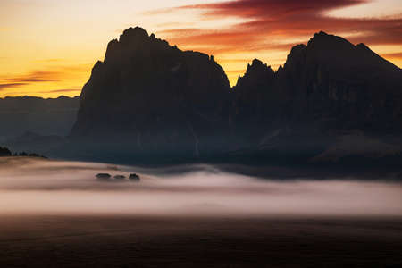 Amazing view of the Alpine mountains. Alpe di Siusi, Dolomites. Italy.の写真素材