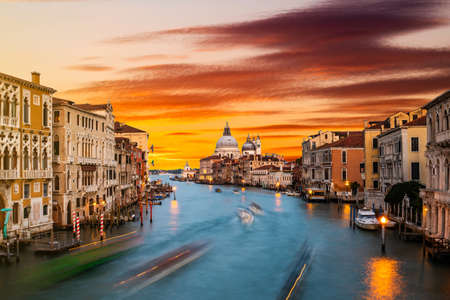 Grand Canal and Basilica Santa Maria della Salute at sunset, Venice, Italyの写真素材