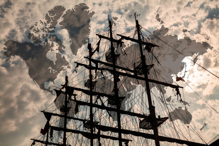 Mast on the background of the world map. Travel background. Concept of sea travel