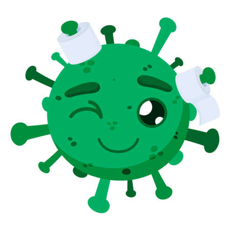 Green coronavirus with a toilet paper. Ð¡ovid-19. Funny cartoon character with emotion. Glad, smile. Vector illustration isolated on a white background.のイラスト素材