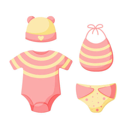 A set of things for a newborn isolated on a white background. Collection for girls in pink and yellow. Cap, bodysuit, bib, panties. Vector illustration. Great for greeting cards, postcards, stickers.のイラスト素材