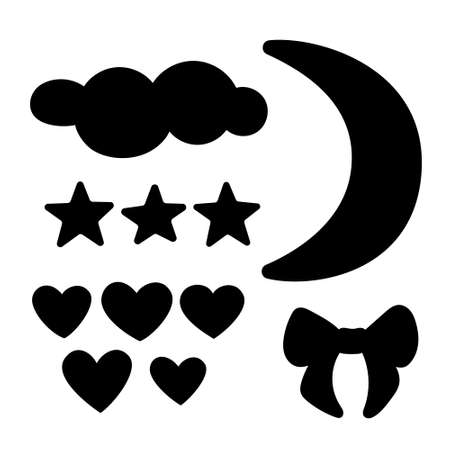 A set of clouds, hearts, stars, bow and moon. Black silhouette isolated on white background. Collection for cute design. Vector illustration. Great for greeting cards, postcards, stickers, banners. EPS10.のイラスト素材