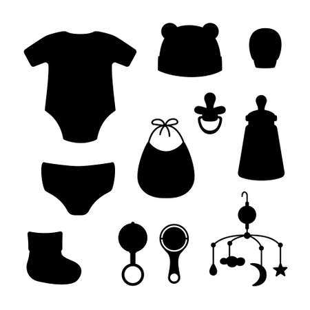 Cap, bib, panties, clacks, bottle, pacifier, sock, mitten, mobile for crib, bodysuit. Black silhouette isolated on white background. Vector illustration. Great for greeting cards postcards stickers EPS10のイラスト素材