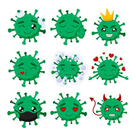 Set of green coronavirus. Covid-19. Funny cartoon characters with emotion. Vector illustration isolated on a white background.のイラスト素材