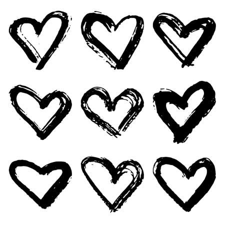 Collection of black grunge paint heart. Set of brush strokes isolated on white background. Vector illustration.のイラスト素材
