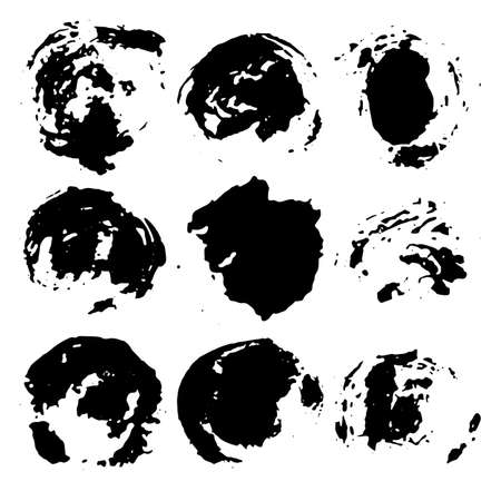Collection of black grunge paint circles, stains. Brush strokes isolated on white background. Vector illustration.のイラスト素材