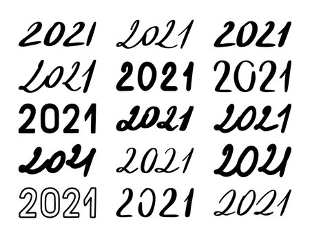 Set of Handwritten number lettering of 2021. Happy New Year. Calligraphy. Vector illustration. Black on white backgroundのイラスト素材