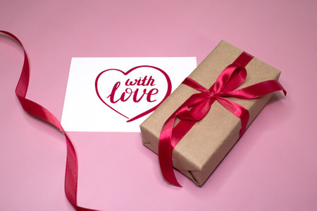 Valentines day background, Valentines day card and gift box on pink backgroundの写真素材