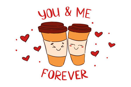 Two disposable coffee paper cups cute characters in love with hearts and letters. Hand drawn illustration for Valentines day. Vectorのイラスト素材