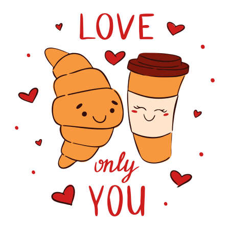 Cup of coffee with croissant cute characters in love with hearts and letters. Hand drawn illustration for Valentines day. Vectorのイラスト素材