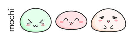 Mochi cute cartoon icon wagashi set. Japanese rice dessertのイラスト素材