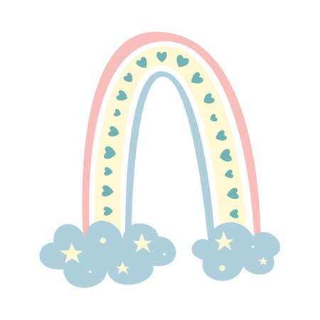 Cute childrens rainbow in minimalistic boho style with stars. Suitable for cards, posters, ornaments of the childrens room. Vector illustrationのイラスト素材