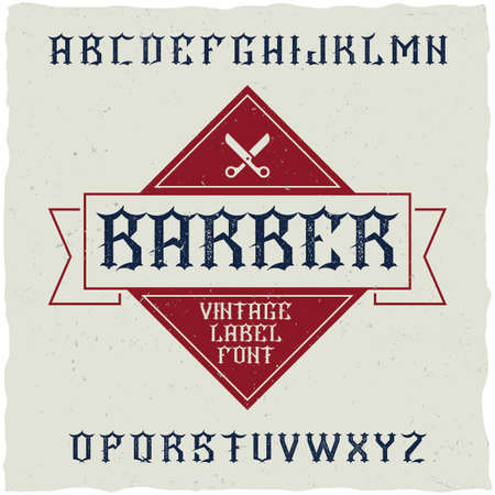 Barber Shop label font and sample label design with decoration and ribbon. Vintage font, good to use in any classic style labels.のイラスト素材