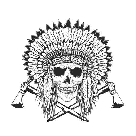American Indian Chief Skull With Tomahawk. Isolated hand drawn illustration.のイラスト素材