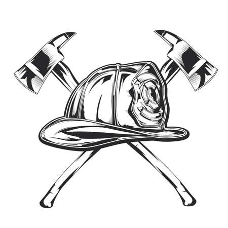 Illustration of firefighter equipment - helmet with two axes.のイラスト素材