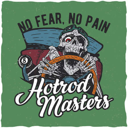 Hotrod masters t-shirt label design with illustration of angry dead hotrod driverのイラスト素材