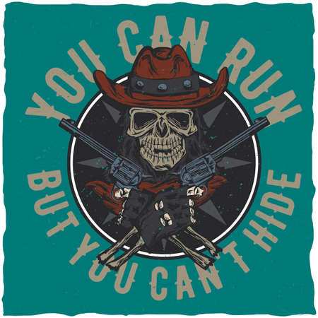 Cowboy t-shirt label design with illustration of skull ath the hat with two guns at the hands. Hand drawn illustration.のイラスト素材
