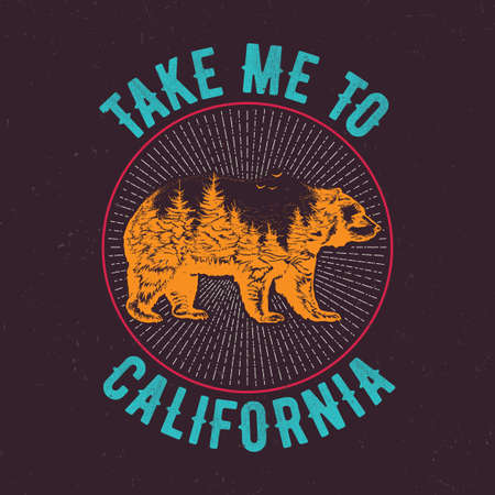 Take me to California t-shirt label design with illustration of bear silhouette. Hand drawn double exposure illustration.のイラスト素材