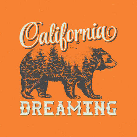 California dreaming t-shirt label design with illustration of bear silhouette. Hand drawn double exposure illustration.のイラスト素材