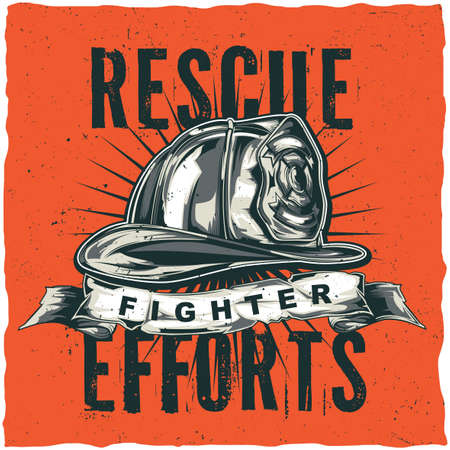 Firefighter t-shirt label design with illustration of helmet with Crossed Axes. Hand drawn illustration.のイラスト素材