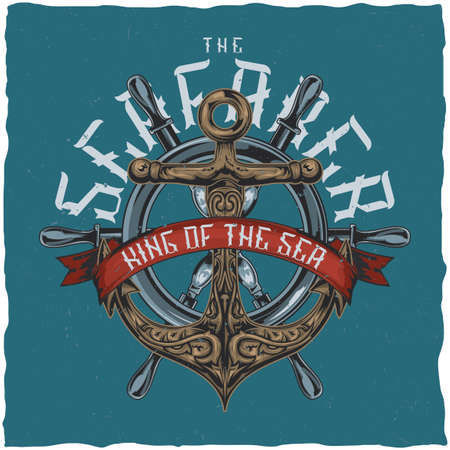 Nautical t-shirt label design with illustration of anchor. Vintage style.のイラスト素材