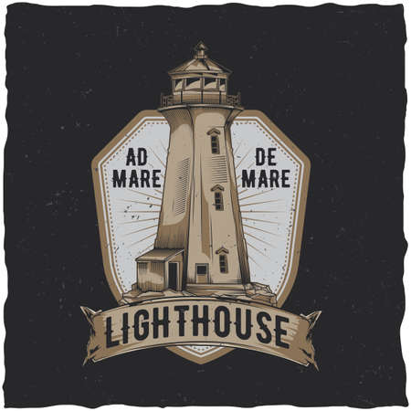 Nautical t-shirt label design with illustration of old lighthouse. Hand drawn illustration.のイラスト素材