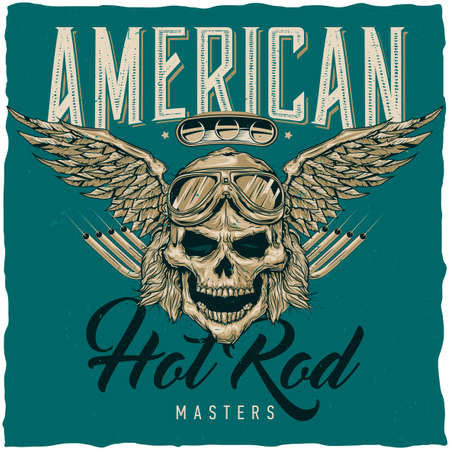 Vintage hot rod t-shirt label design with illustration of driver skull with glasses and wings. Hand drawn illustration.のイラスト素材