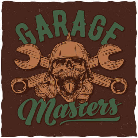 Garage masters t-shirt label design with illustraton of skull at the helmet with a wrench on a backgroundのイラスト素材