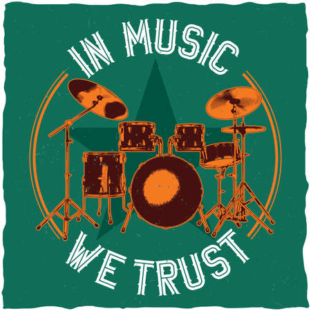 Drums in music theme t-shirt label design with illustration of  3d drumsのイラスト素材