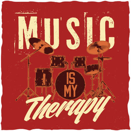 Drums in music theme t-shirt label design with illustration of  3d drumsのイラスト素材