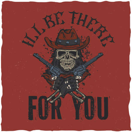 Cowboy t-shirt label design with illustration of skull ath the hat with two guns at the hands. Hand drawn illustration.のイラスト素材