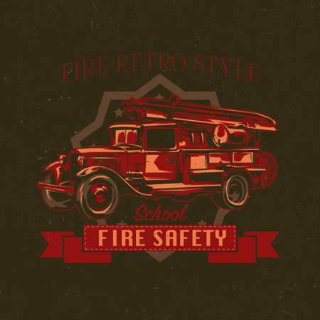 T-shirt label design with illustration of vintage fire truck. Hand drawn illustration.のイラスト素材