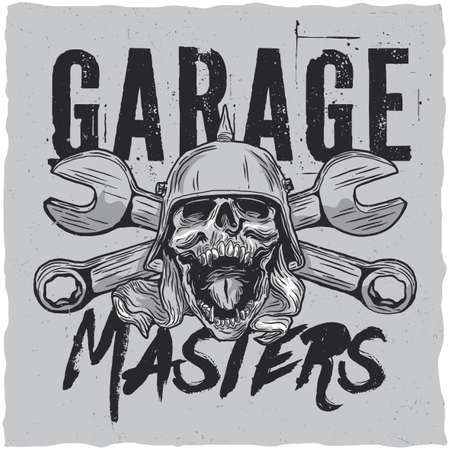 Garage masters t-shirt label design with illustraton of skull at the helmet with a wrench on a backgroundのイラスト素材