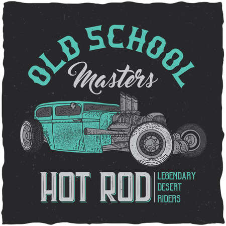 Vintage hot rod t-shirt label design with illustration of custom speed car. Hand drawn illustration.のイラスト素材