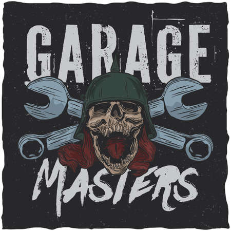 Garage masters t-shirt label design with illustraton of skull at the helmet with a wrench on a backgroundのイラスト素材