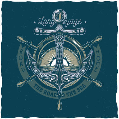 Nautical t-shirt label design with illustration of anchor. Vintage style.のイラスト素材