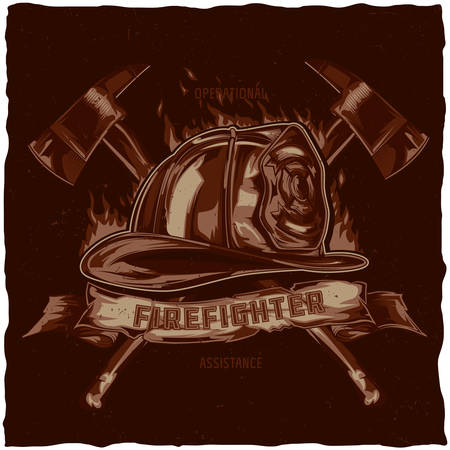 Firefighter t-shirt label design with illustration of helmet with Crossed Axes. Hand drawn illustration.のイラスト素材