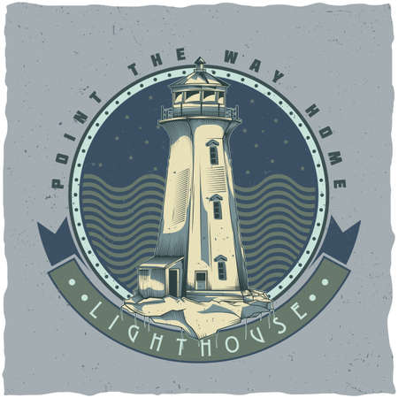 Nautical t-shirt label design with illustration of old lighthouse. Hand drawn illustration.のイラスト素材