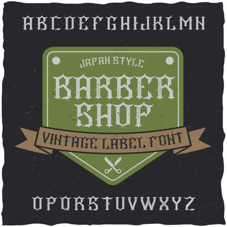 Barber Shop label font and sample label design with decoration and ribbon. Vintage font, good to use in any classic style labels.のイラスト素材