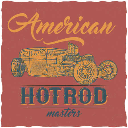 Vintage hot rod t-shirt label design with illustration of custom speed car. Hand drawn illustration.のイラスト素材