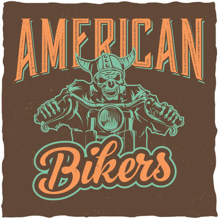 Biker t-shirt label design with illustration of skeleton riding on motorbikeのイラスト素材