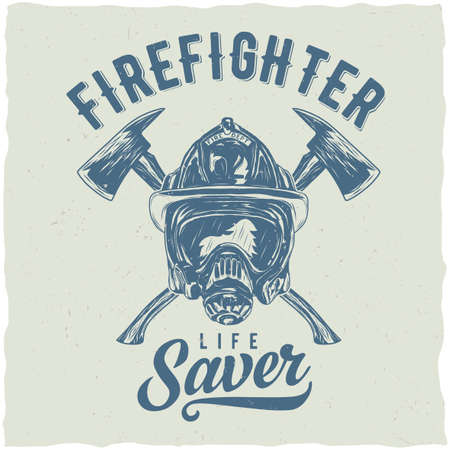 Firefighter t-shirt label design with illustration of helmet with Crossed Axesのイラスト素材