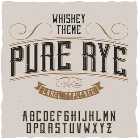 Label font and sample label design with decoration. Vintage font, good to use in any vintage style labels of alcohol drinks - absinthe, whiskey, gin, rum,  bourbon etc.のイラスト素材