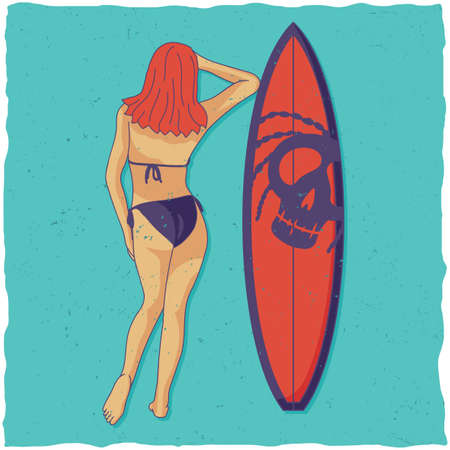 Illustration of girl and surfing board on blue backgroundのイラスト素材