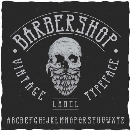 Barber Shop label font and sample label design with decoration and ribbon. Vintage font, good to use in any classic style labels.のイラスト素材